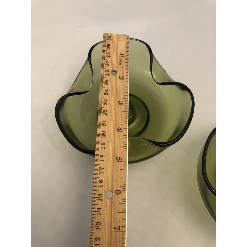 2 Vintage Avocado Green Art Ruffled Wavy‎ Glass Bowl Dish Taper Candle Holders